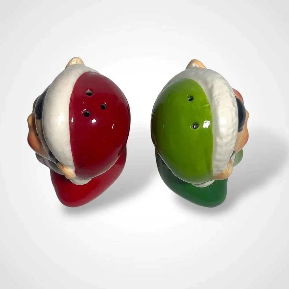 Vintage Christmas Elf Salt and Pepper Shakers Red Green Ceramic Figurines Decor